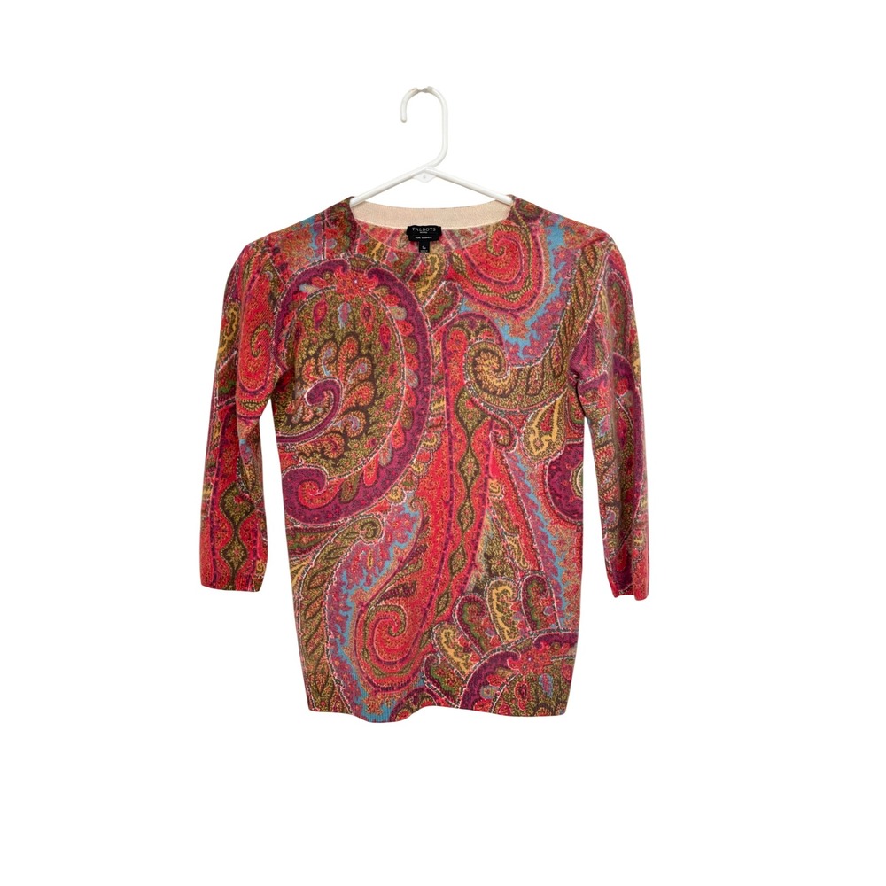Talbots Petites Cashmere Sweater Pink Paisley Print 3/4 Sleeve Crew Neck SP